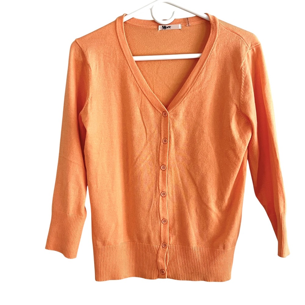 MAK Cardigan Sweater S/M Creamsicle Orange 3/4‎ Sleeve V-Neck Retro Pastel Soft
